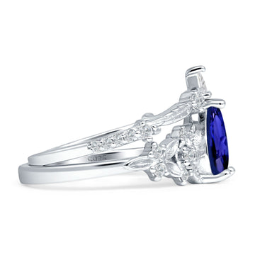 Two Piece Pear Teardrop Bridal Ring Blue Sapphire CZ 925 Sterling Silver Wholesale